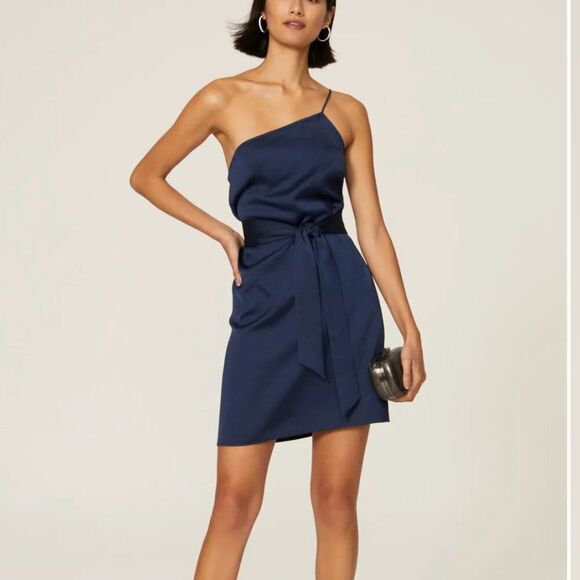 Marissa Webb collective one shoulder tie dress Flaws size 0 Navy Blue - Picture 1 of 12
